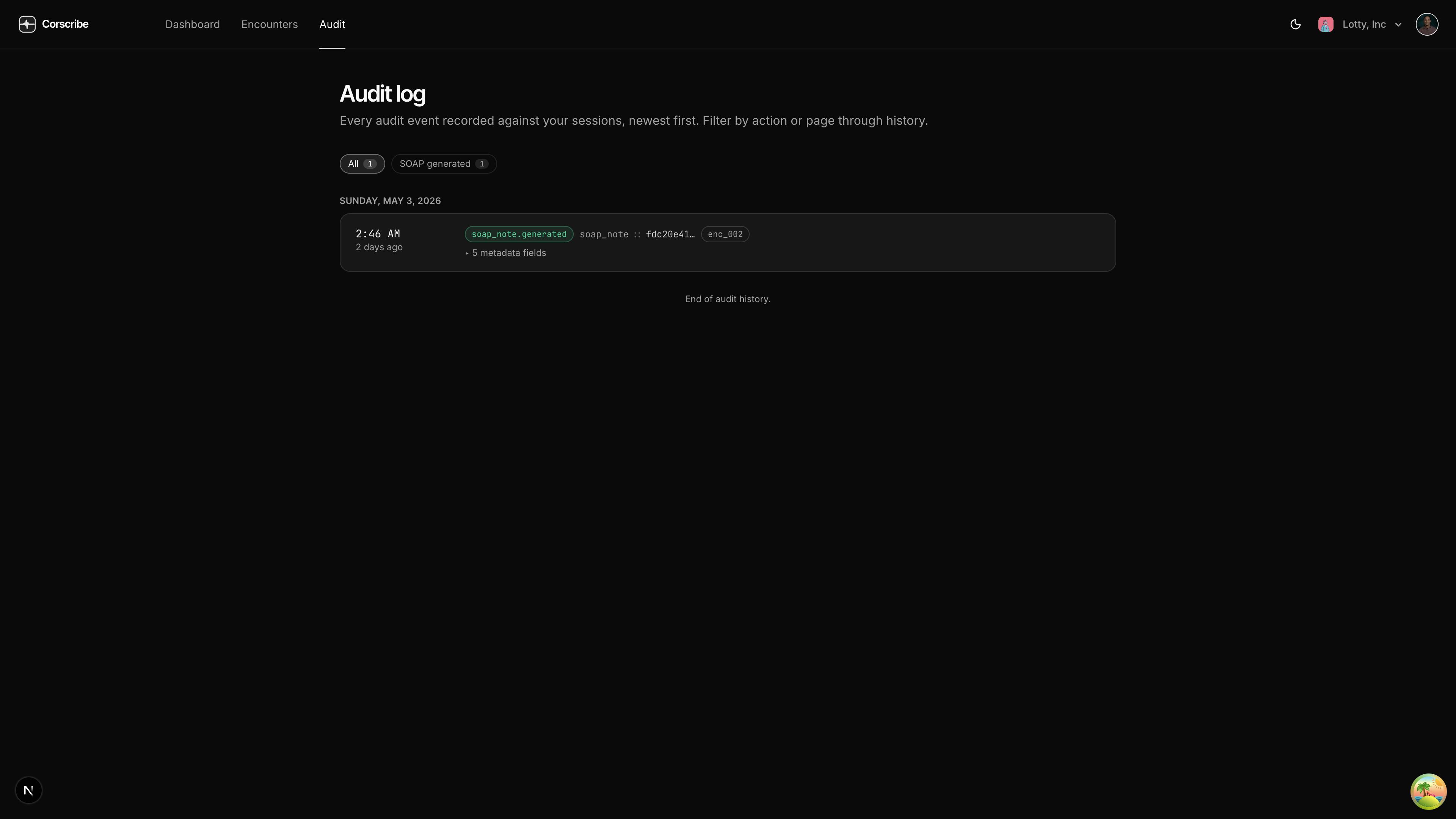Audit log view showing a timeline of HIPAA-relevant actions including encounter access, edits, and exports.