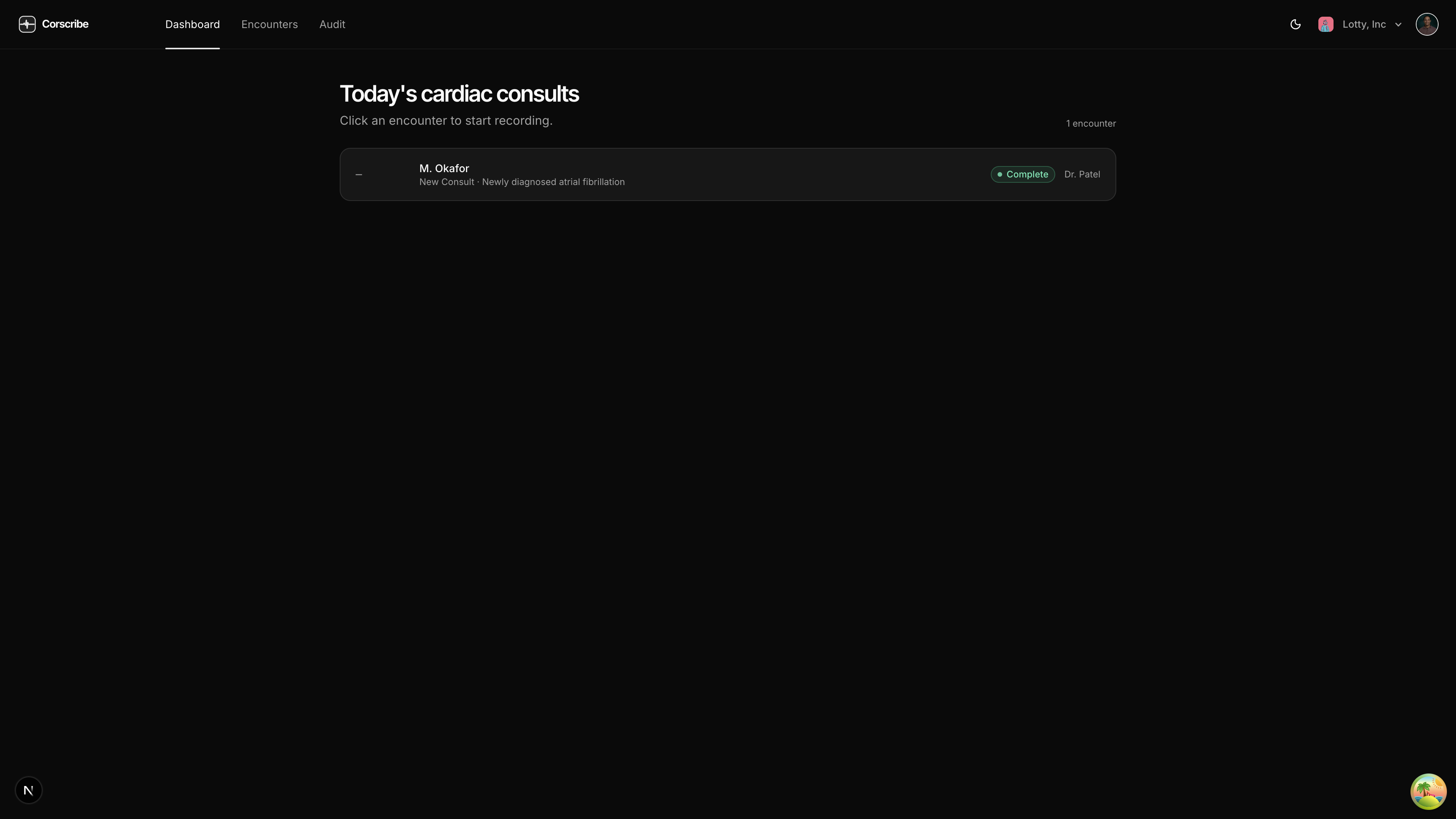 Corscribe clinician dashboard showing today's encounters, recent activity, and quick-start recording controls.
