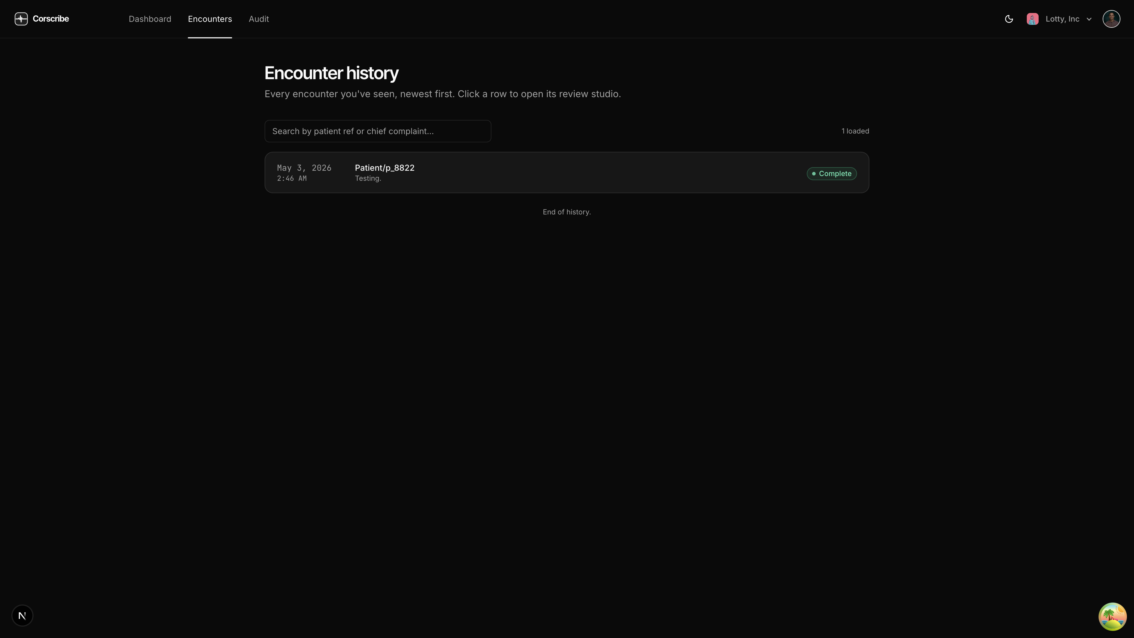 Encounters list view showing patients, encounter dates, status badges, and search and filter controls.